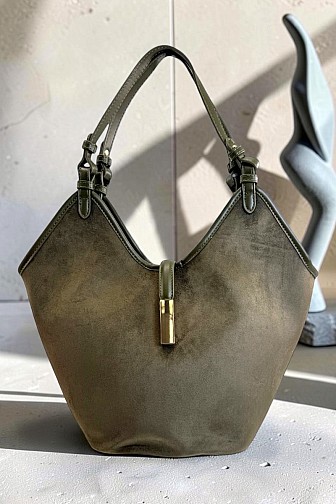 FAUX SUEDE SLOUCHY SHOULDER BAG WITH GOLD CLASP BAR