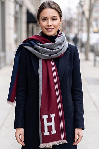 COLOR BLOCK MONOGRAM LETTER H FRINGE BLANKET SHAWL SCARF