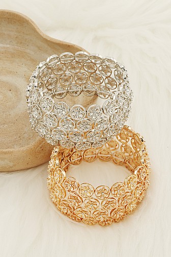 Layered Petal Link Metal Stretch Cuff Bracelet