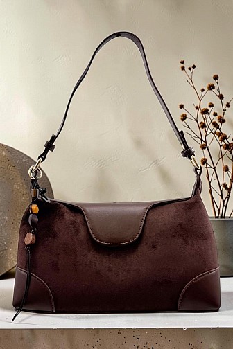 FAUX SUEDE SHOULDER BAG WITH BEADED TASSEL CHARM