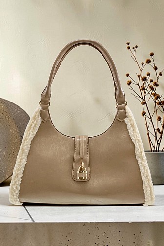 SHERPA TRIM DISTRESSED FAUX LEATHER SHOULDER BAG