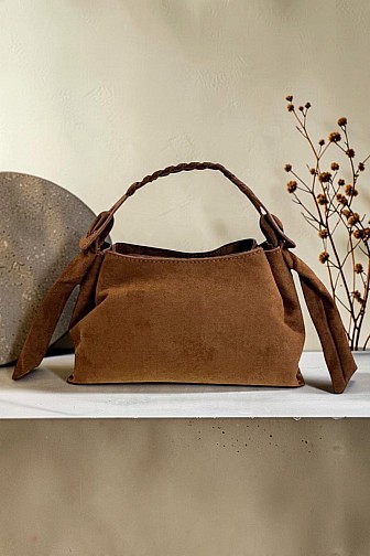 FAUX SUEDE BRAIDED HANDLE KNOTTED CROSSBODY HANDBAG