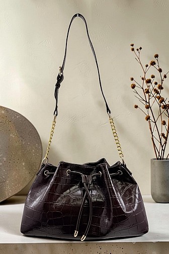 GLOSSY CROC EMBOSSED DRAWSTRING SHOULDER BAG