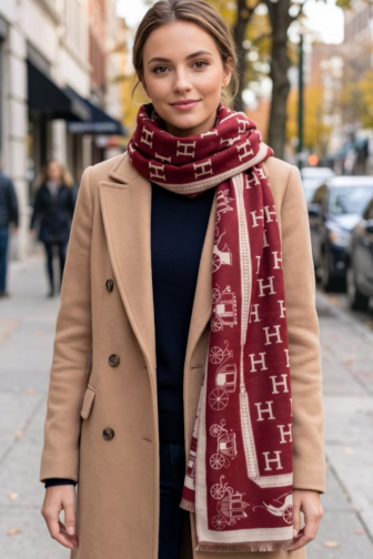 EQUESTRIAN CARRIAGE MONOGRAM FRINGE WOOL BLEND SCARF