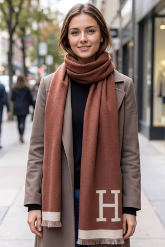 REVERSIBLE CONTRAST BORDER LETTER H WOOL BLEND SCARF
