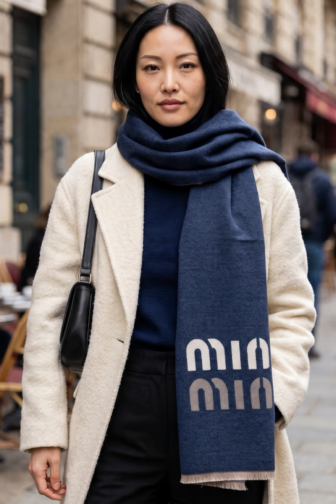 DESIGNER-INSPIRED REVERSIBLE LOGO FRINGE WOOL BLEND SCARF