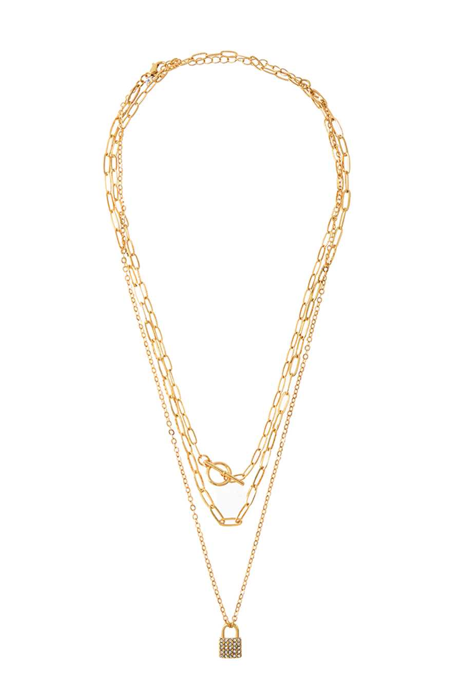 LAYERED THIN CHAIN NECKLACE WITH PADLOCK PENDANT
