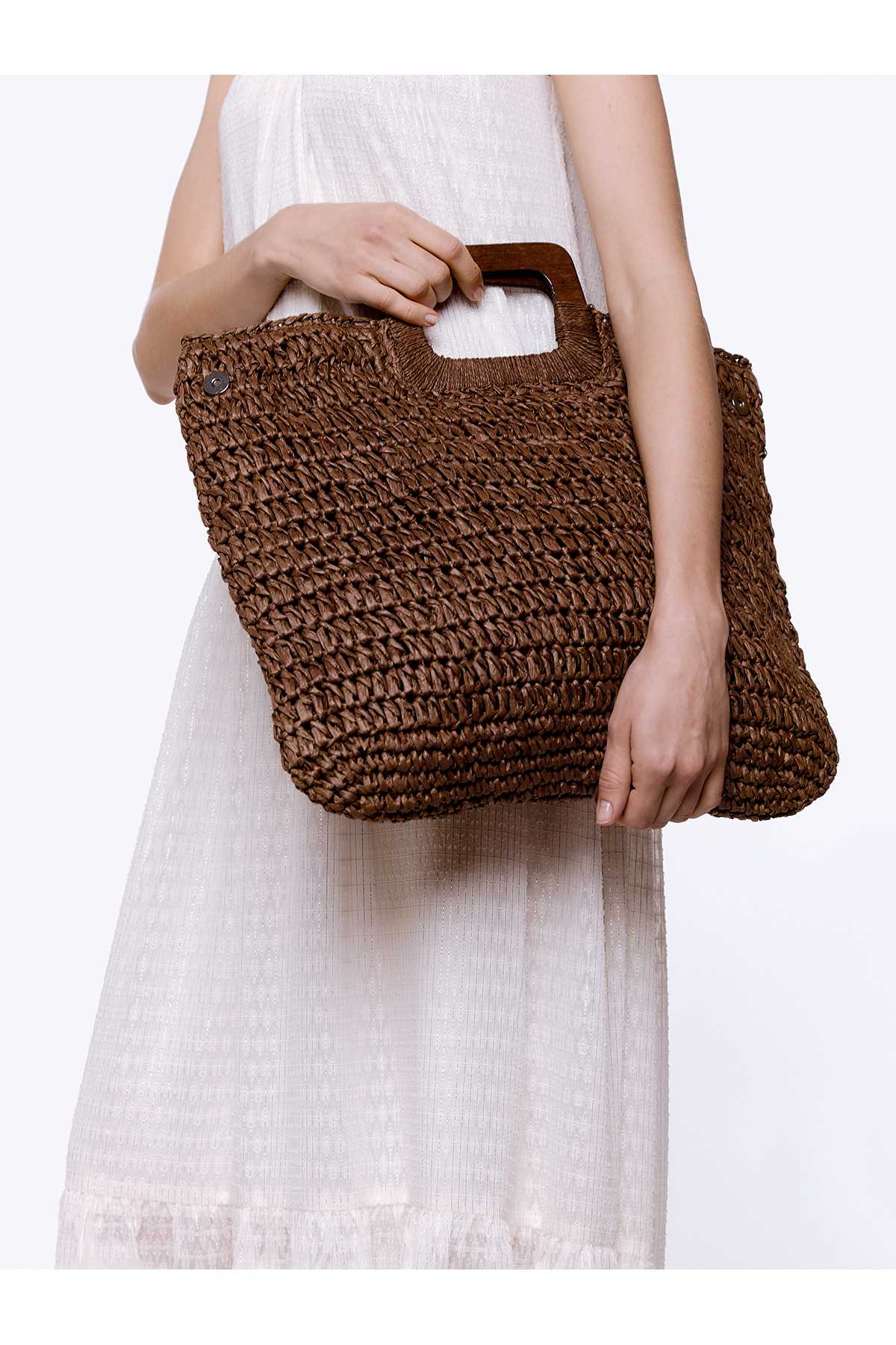 Straw Bag with Wood Handle