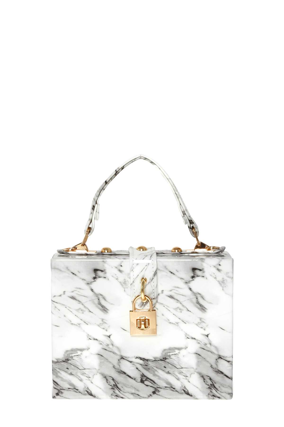 Marble Pattern Padlock Accent Rectangle Hard Case Hand Bag