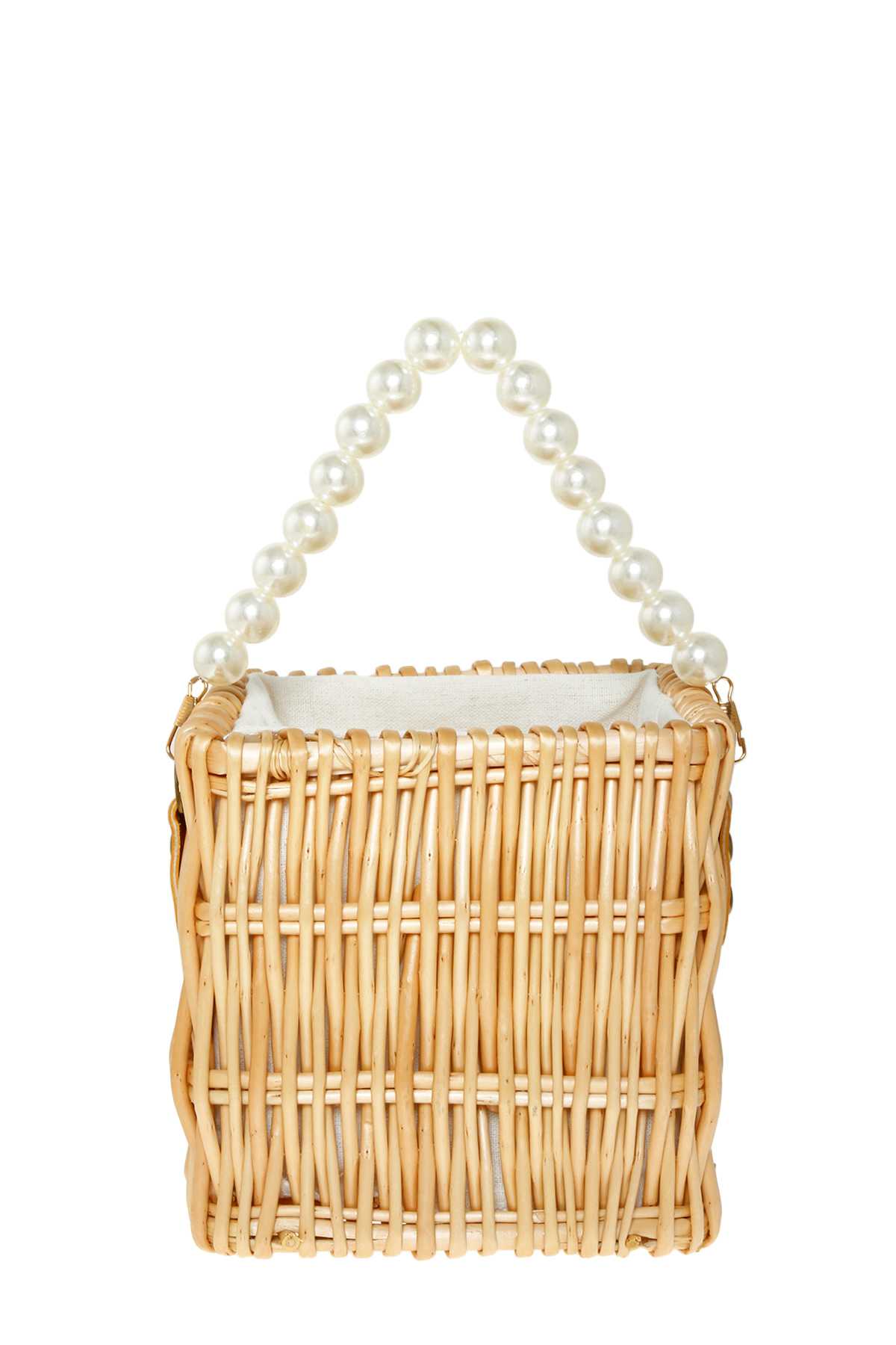 WOODEN BUCKET SHAPE BAG WITH PEARL HANDLE