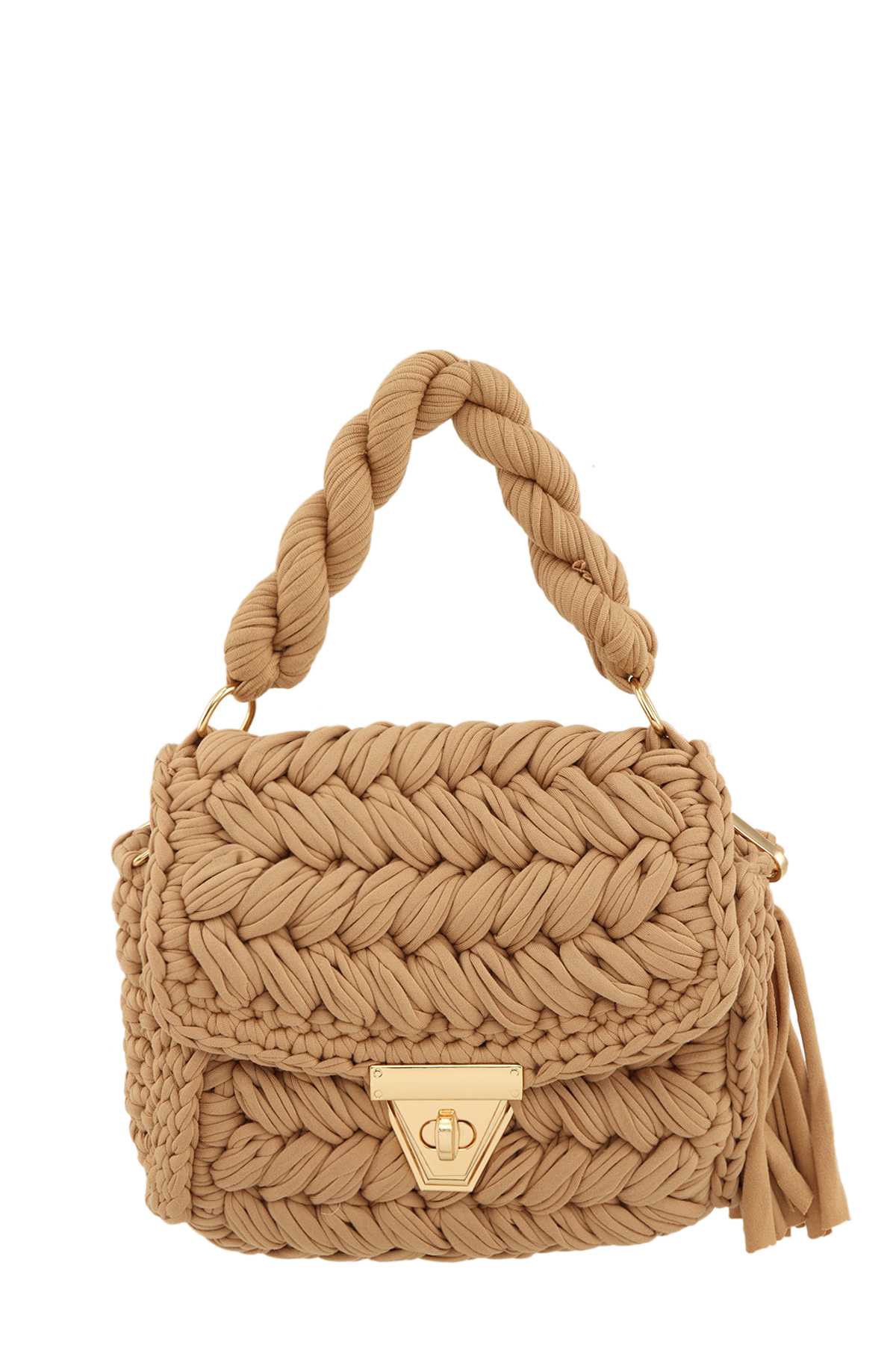 Woven Knitted Handbag with Tassel Charm