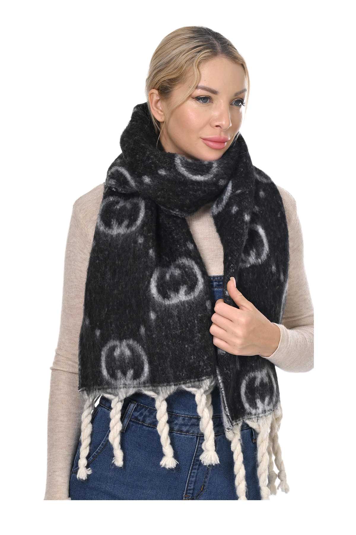 Double C Print Scarf With Fringe