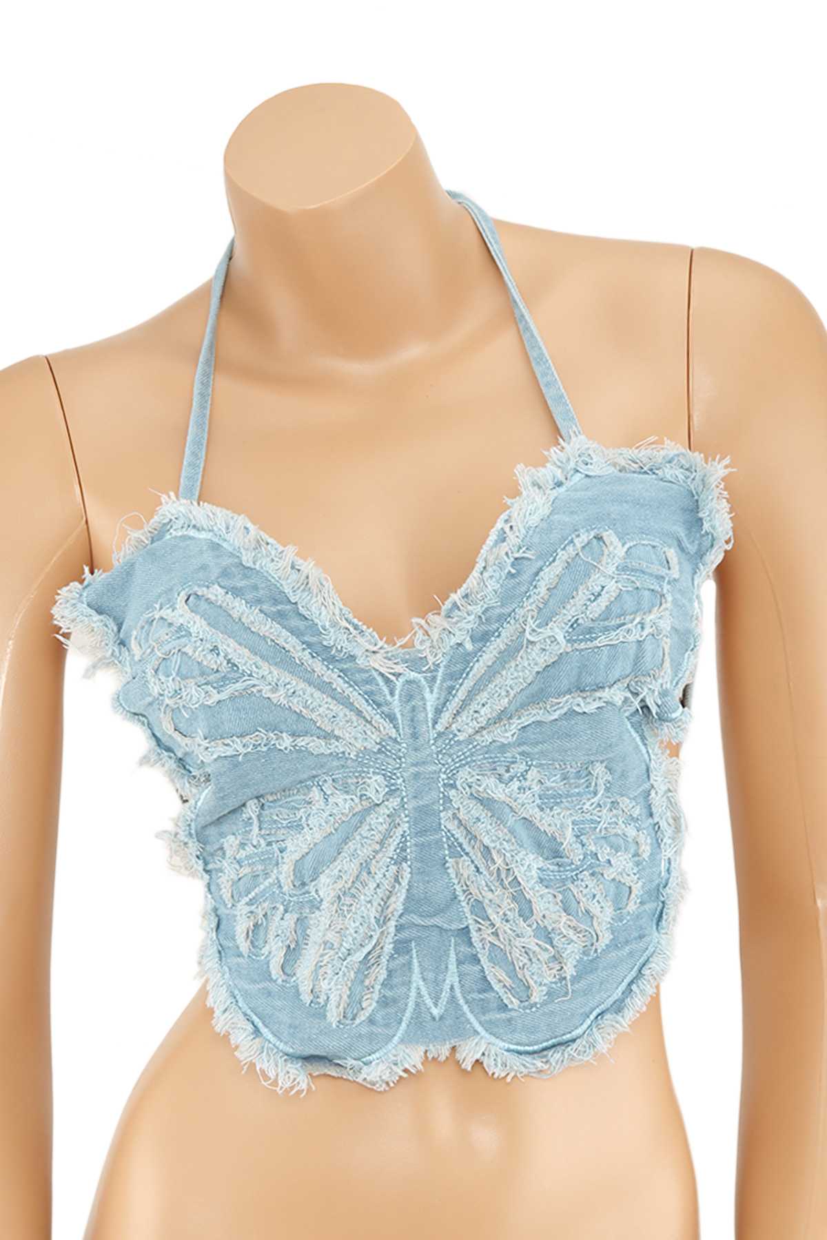 Denim Metal ball Paved Butterfly Bralette