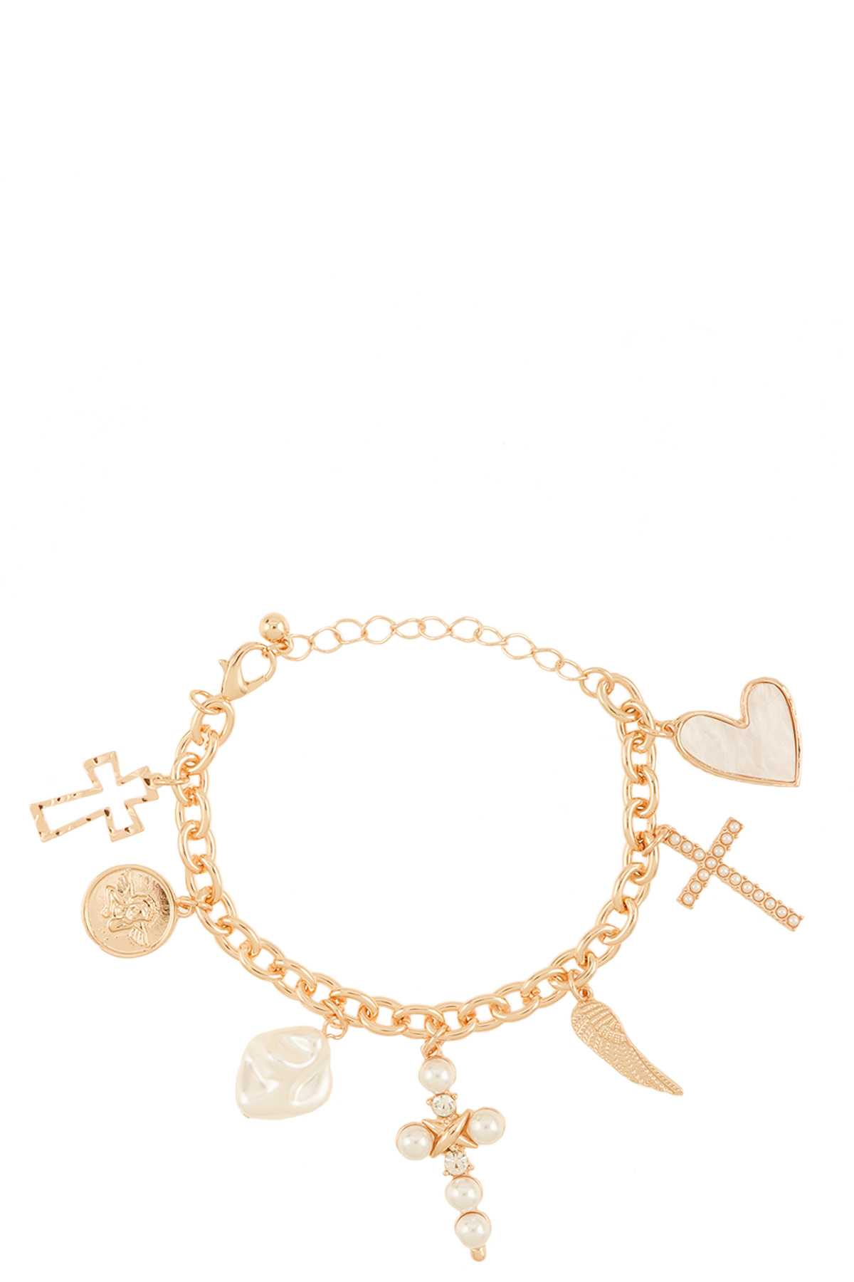 Mixed Pave Cross And Heart Charms Chain Bracelet