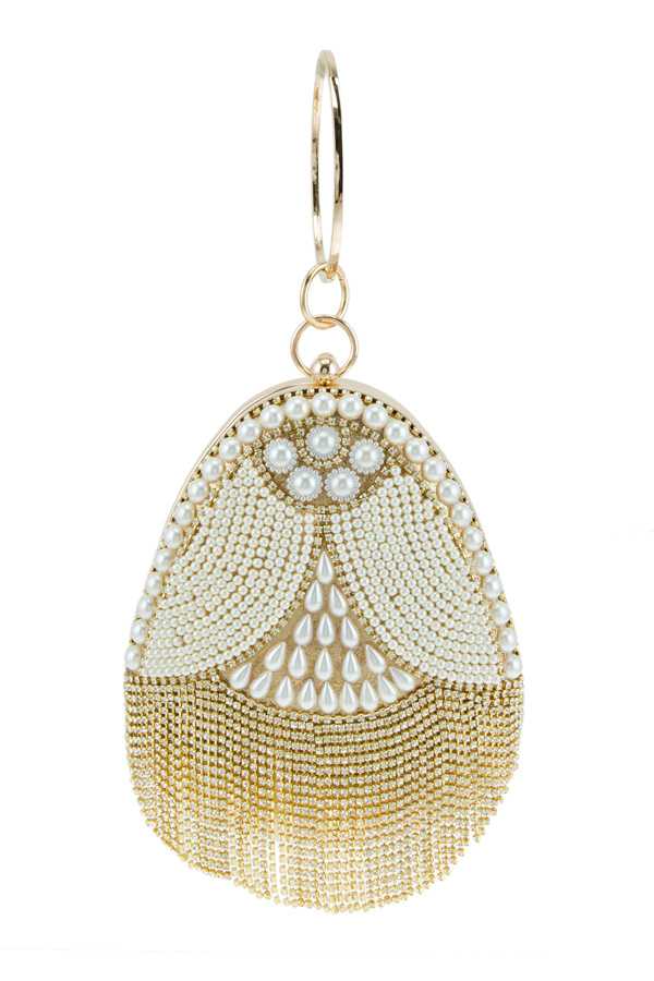 Pearl Decorated Egg Shape Clutch with Stone Fringe
