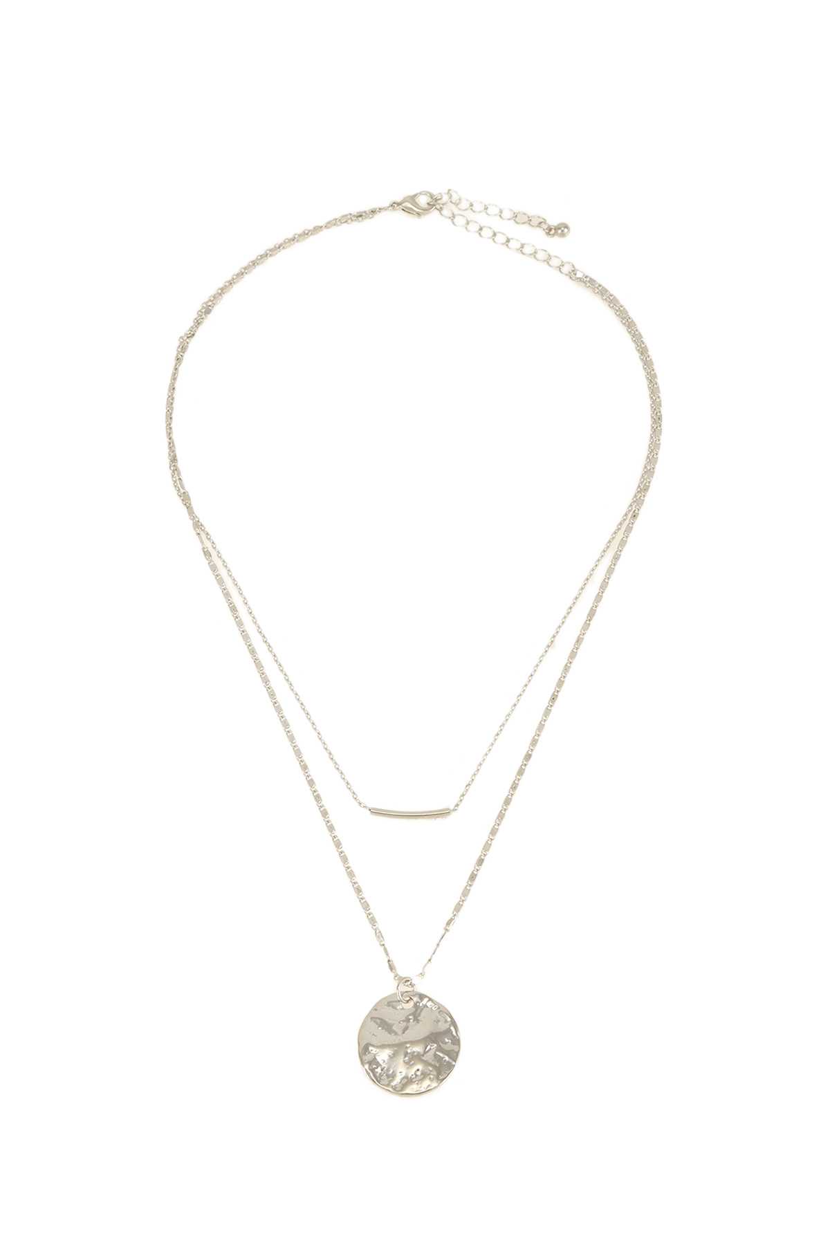 Hammered Circle Pendent Layered Chain Necklace