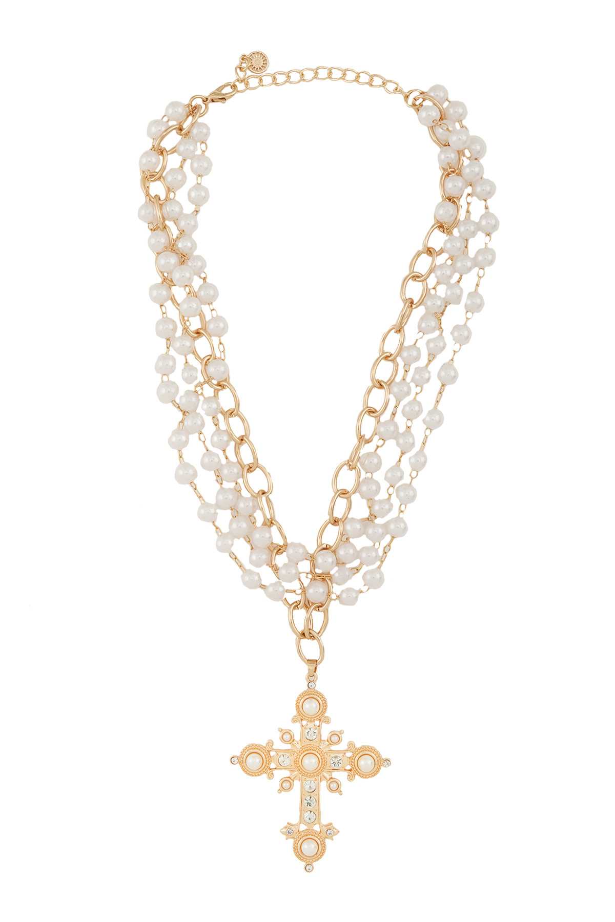 Pearl Cross Triple Chain Necklace