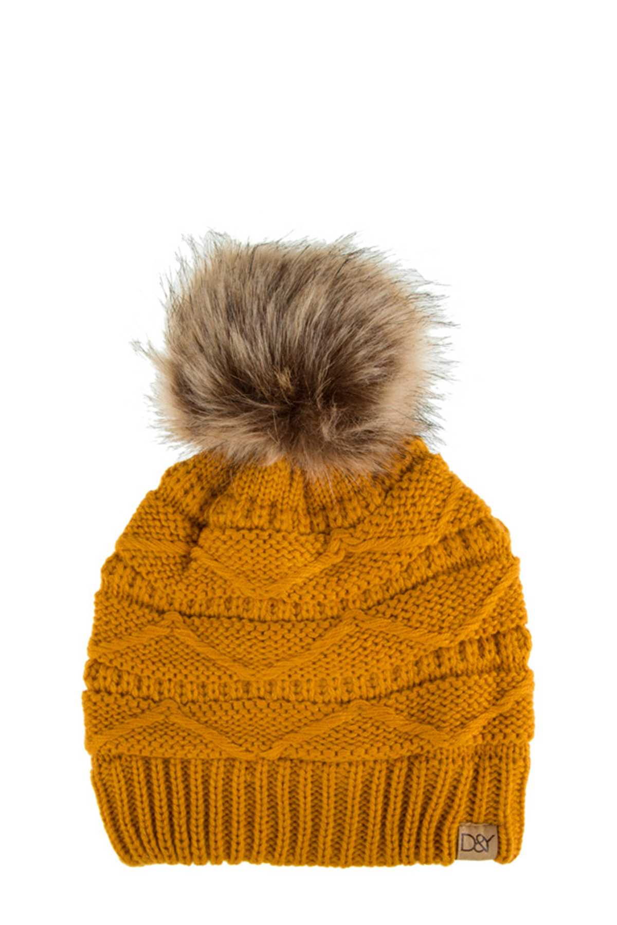 Cable Knit Beanie with Super Pom and Inner LiningABB333MUSTARD_1