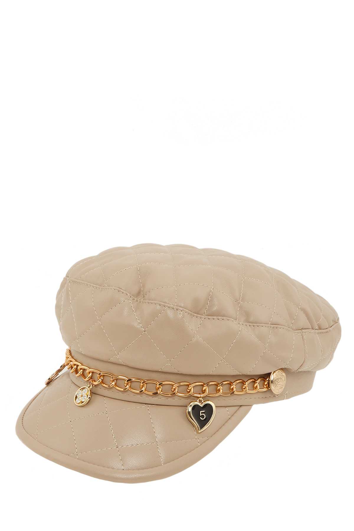 Leather Newsboy Beret Cap with Chain and Number 5 Accent