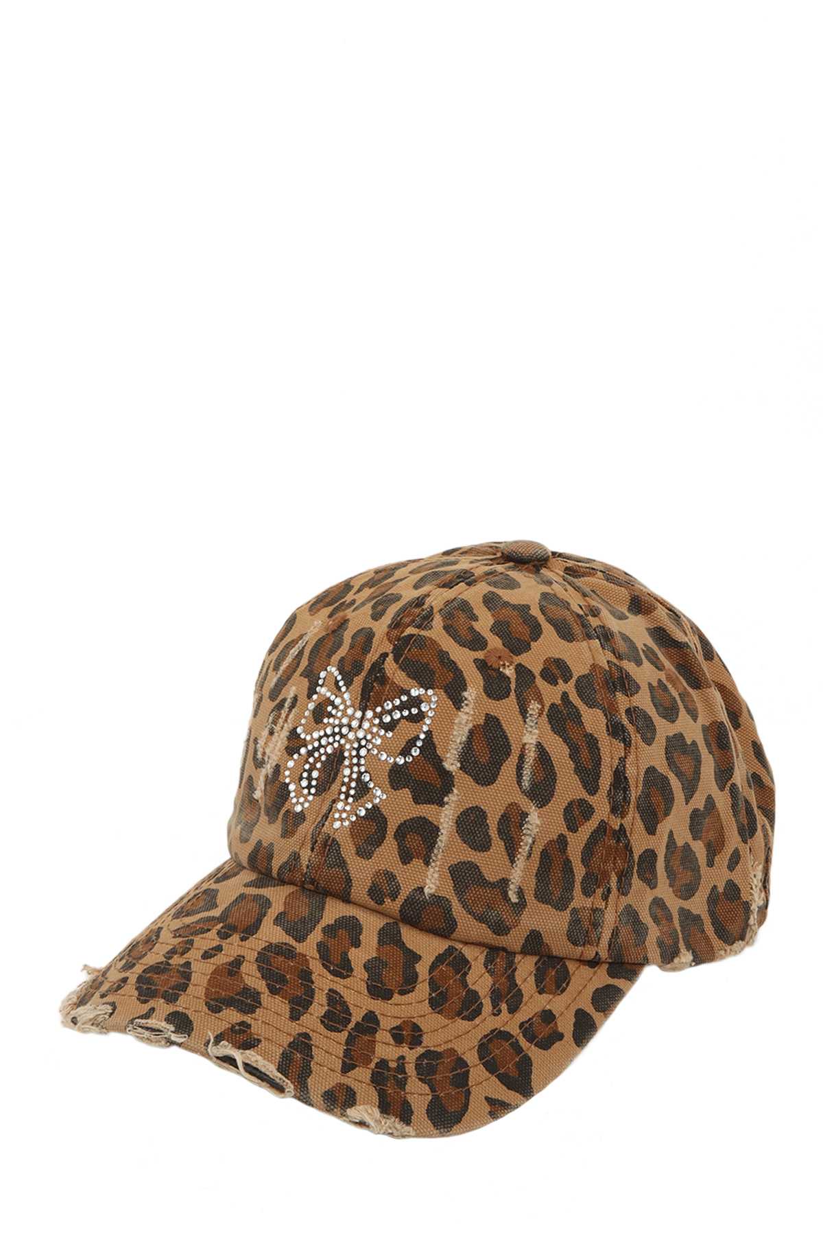 Leopard Print Cap with Rhinestone Bow Accent