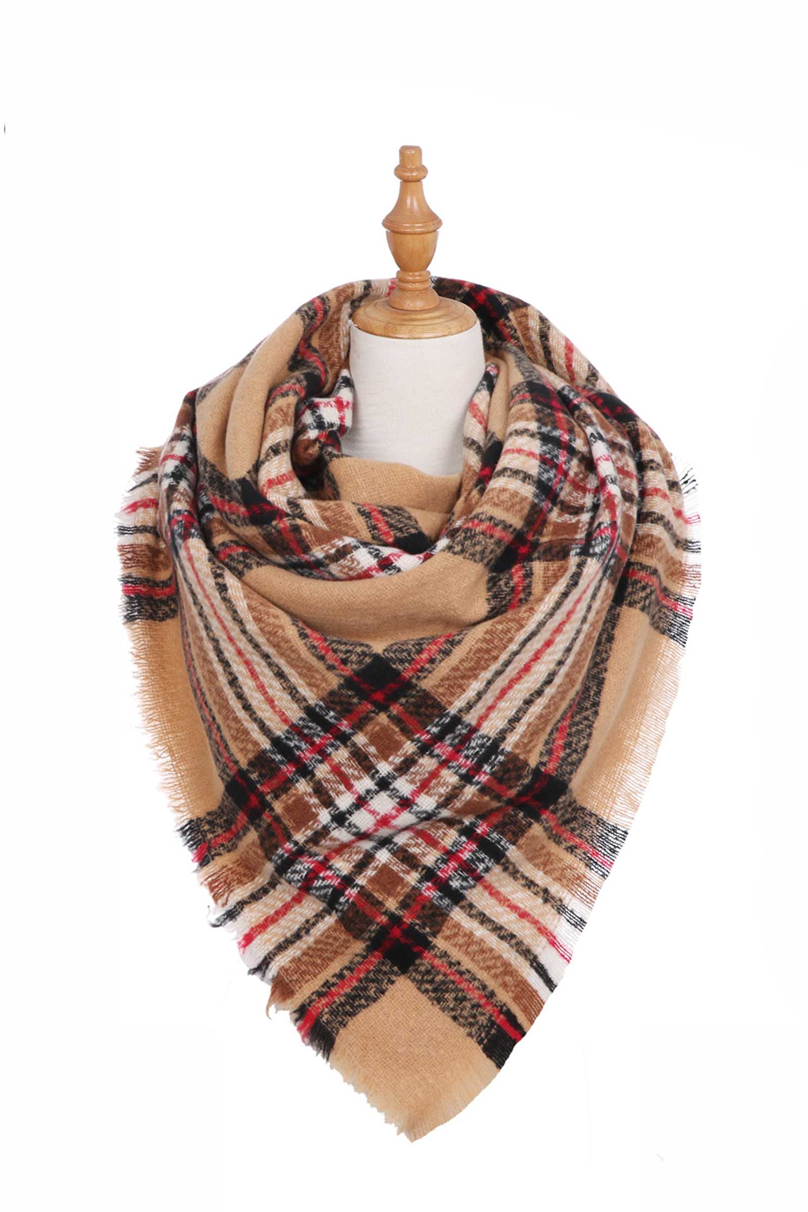 Plaid Knitted Scarf With Frilled Edges