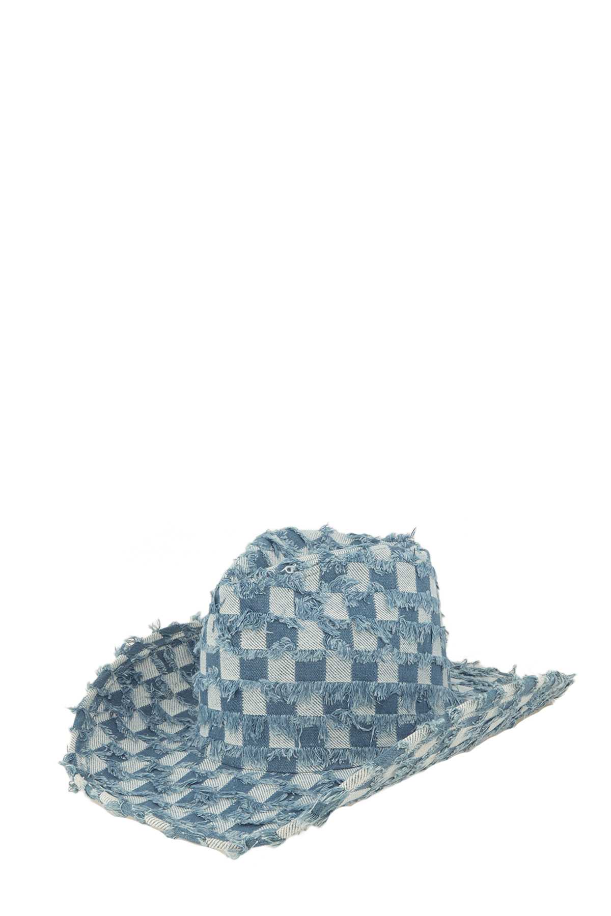 Checkered Fringe Denim Cowboy Hat