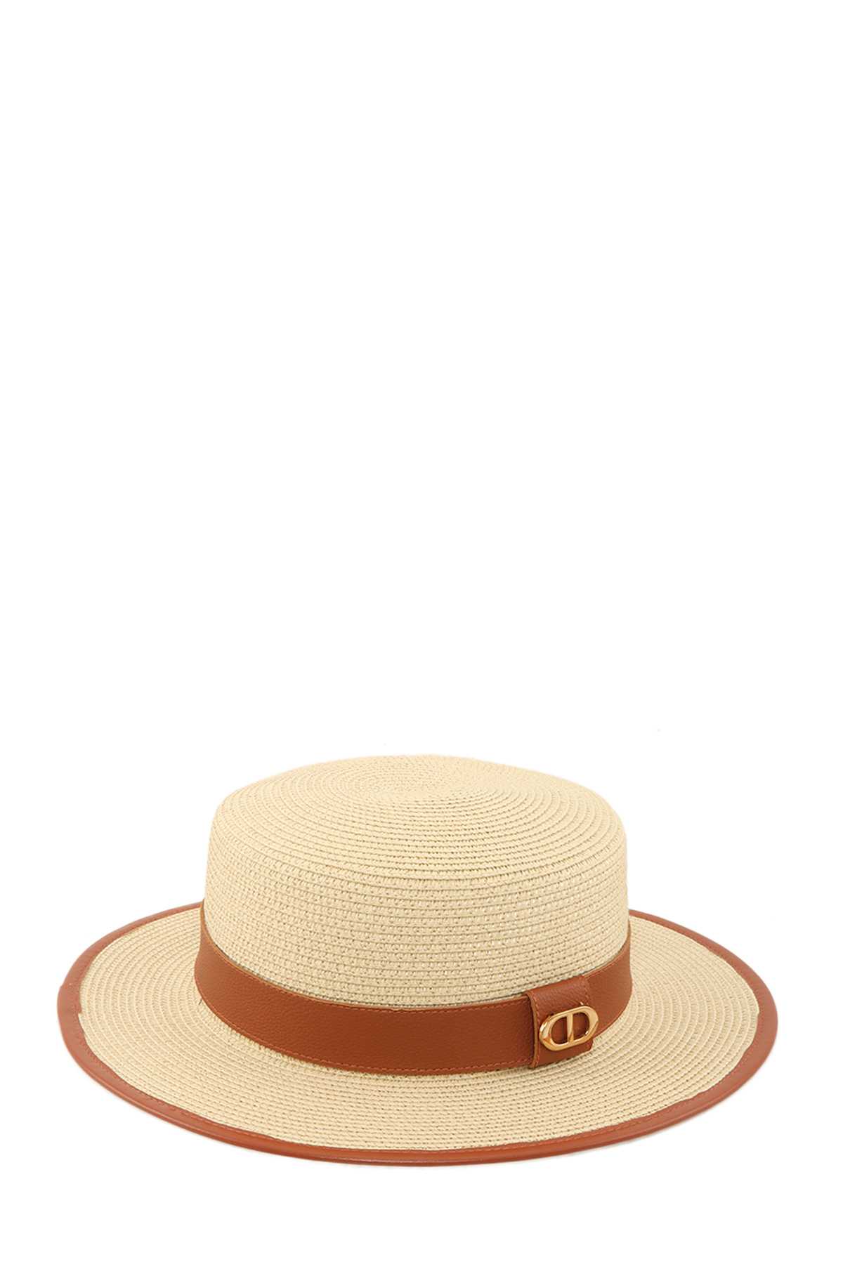 Straw Fashion Hat With Strap and Half Circle Accent