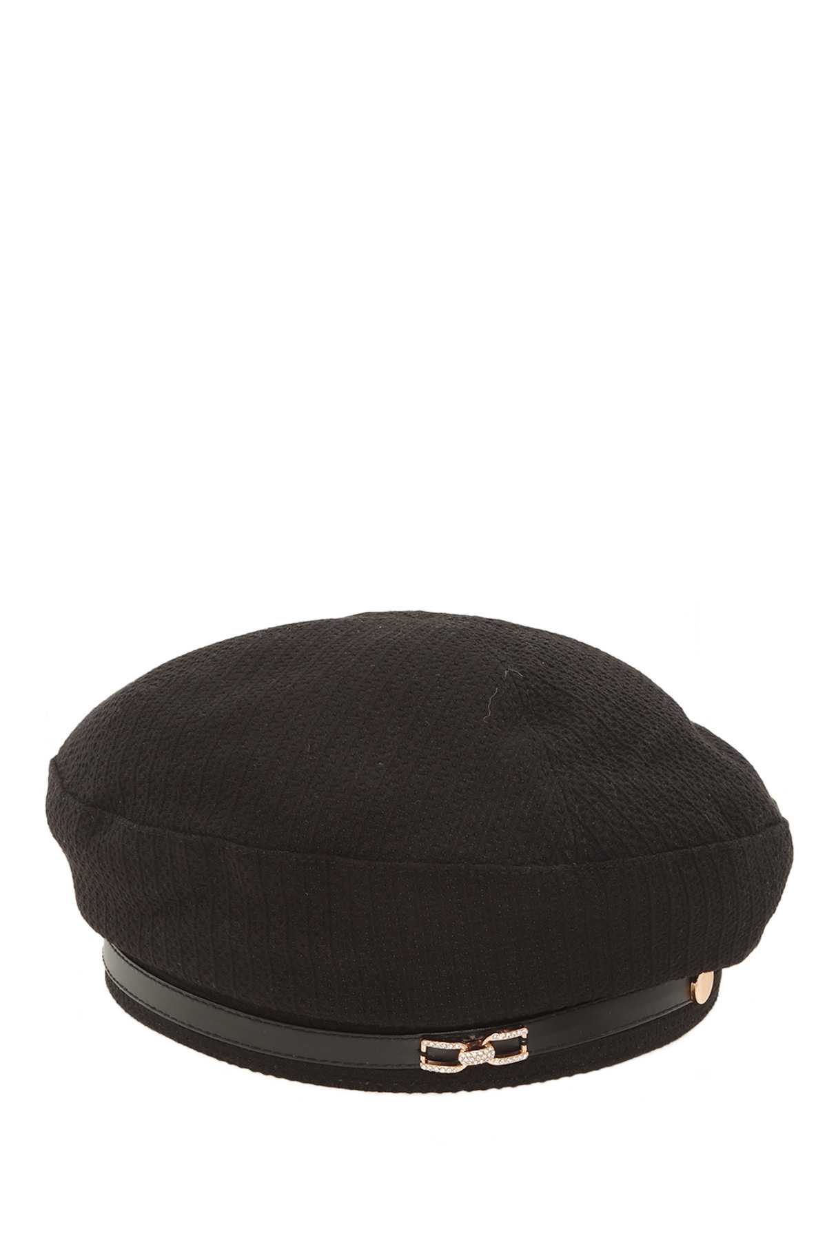 Beret Cap with Rhinestone Metal Buckle Accent