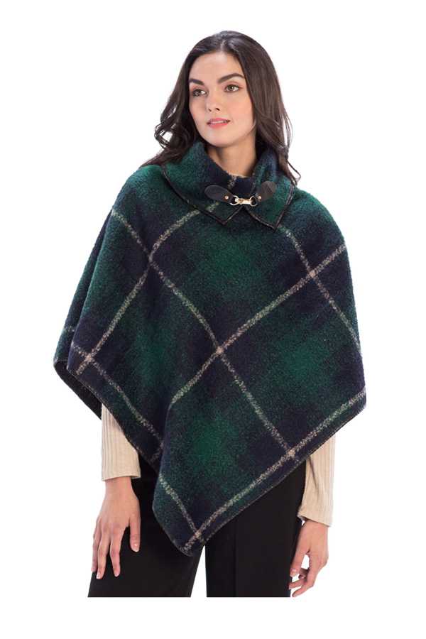 Plaid Design Poncho with Buckle Accent