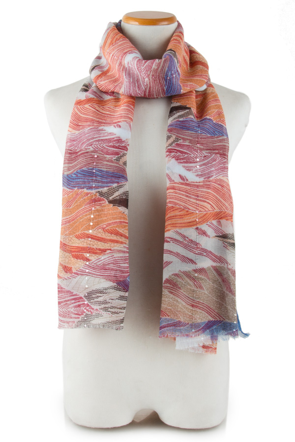 Sequin Accented Leaf Print Scarf 