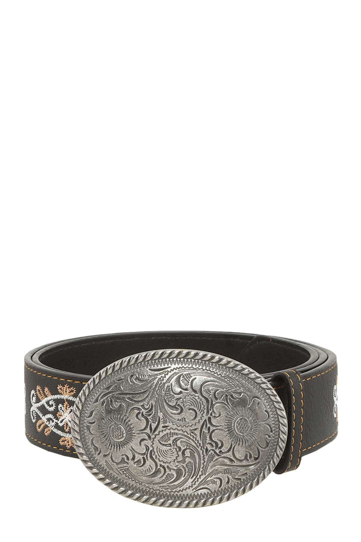 Metal Oval Buckle Flower Leather Belt