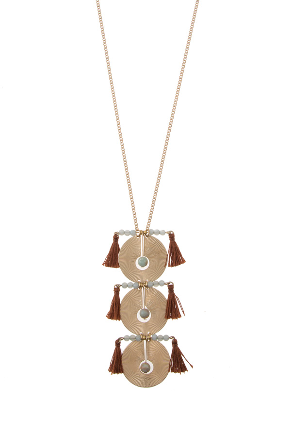 Circle metal pendant with tassel long necklace