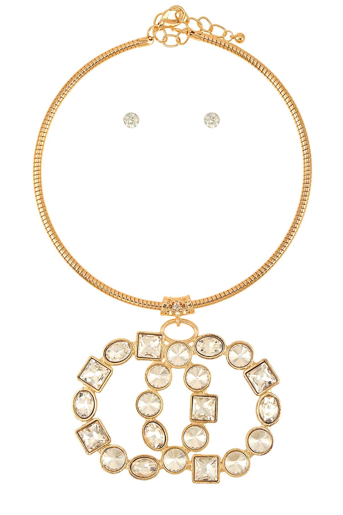 Double O Crystal Pendant Collar Necklace Set