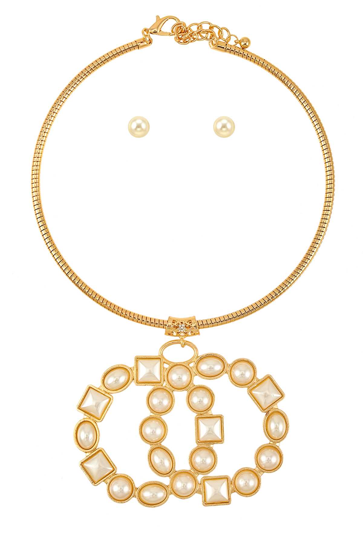 Pearl Double O Pendant Collar Necklace Set