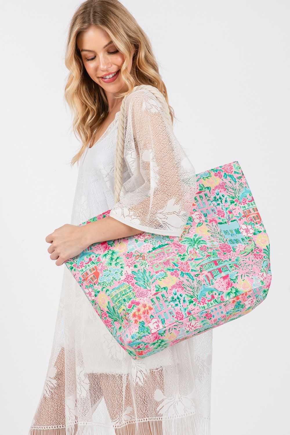 Dolphin and Flower Print Tote Bag