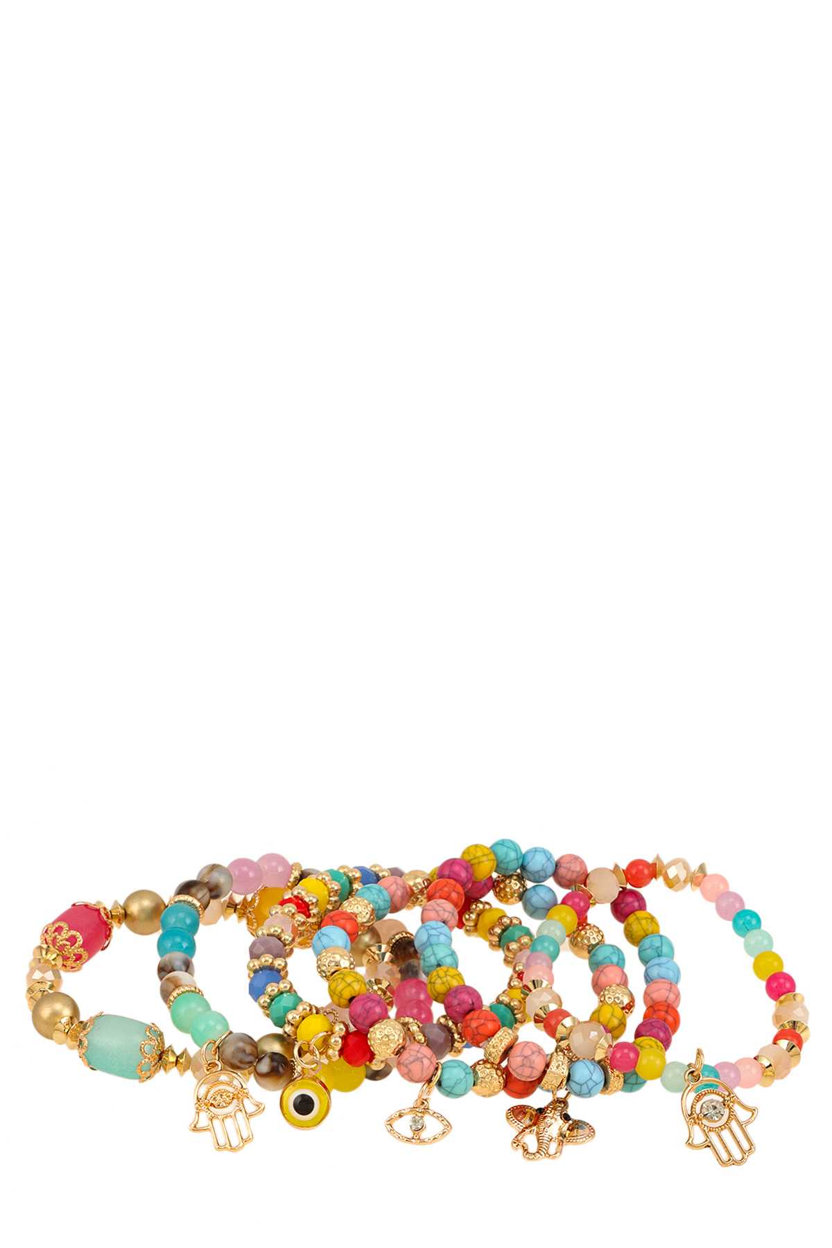 Six Bracelets with Beads and Hamsa Charm