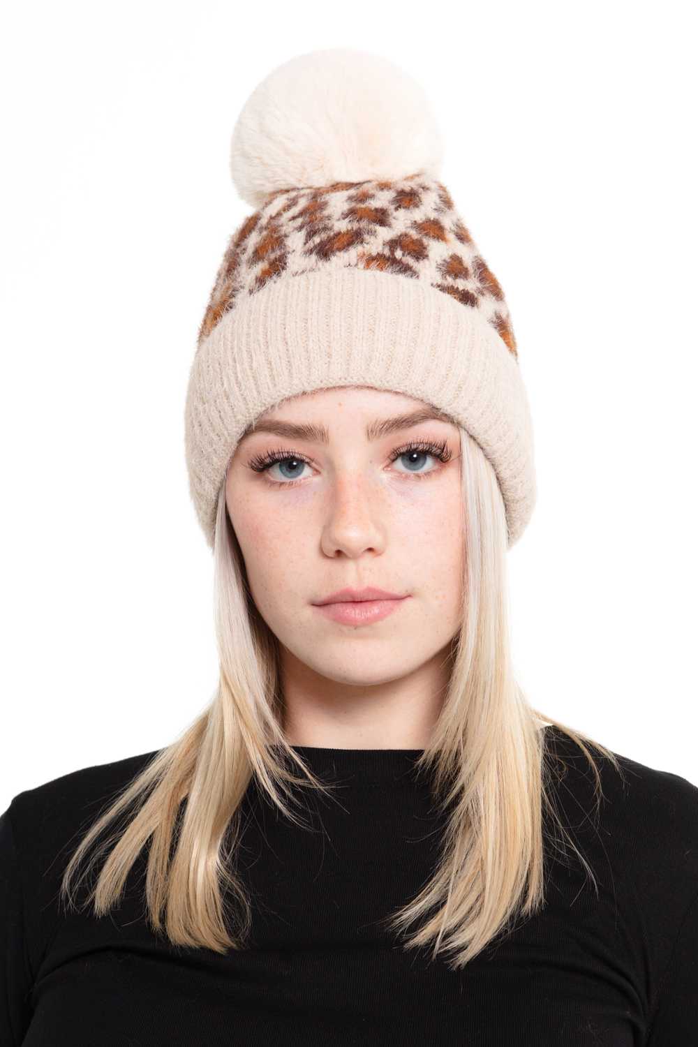 Leopard Pompom Fuzzy Fleece Beanie