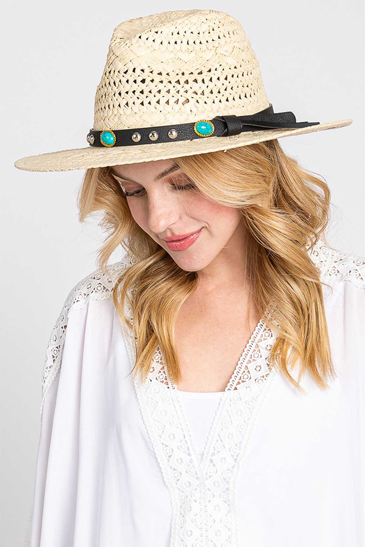 Round Multi Charm Leather Band Straw Hat