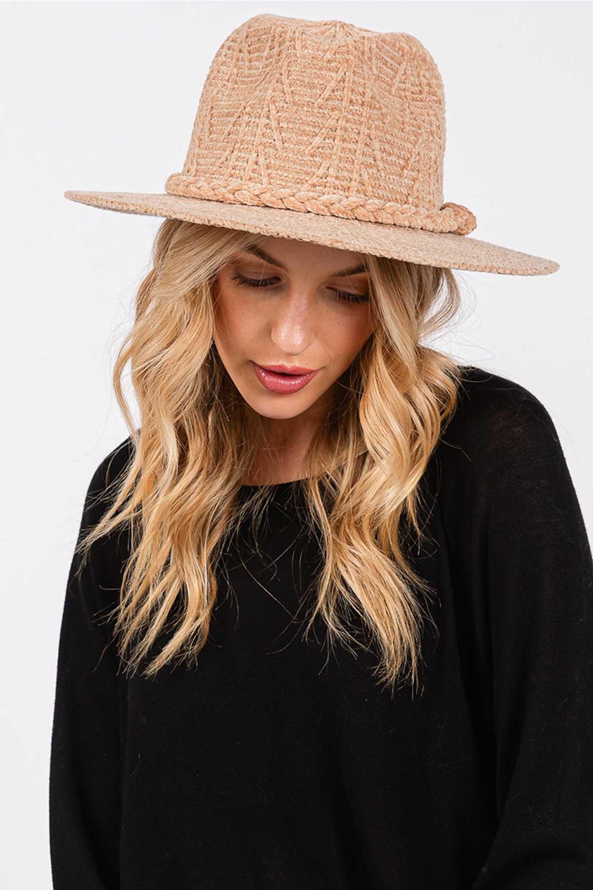 Chenille Pattern Fedora with Braided Knit Band Hat