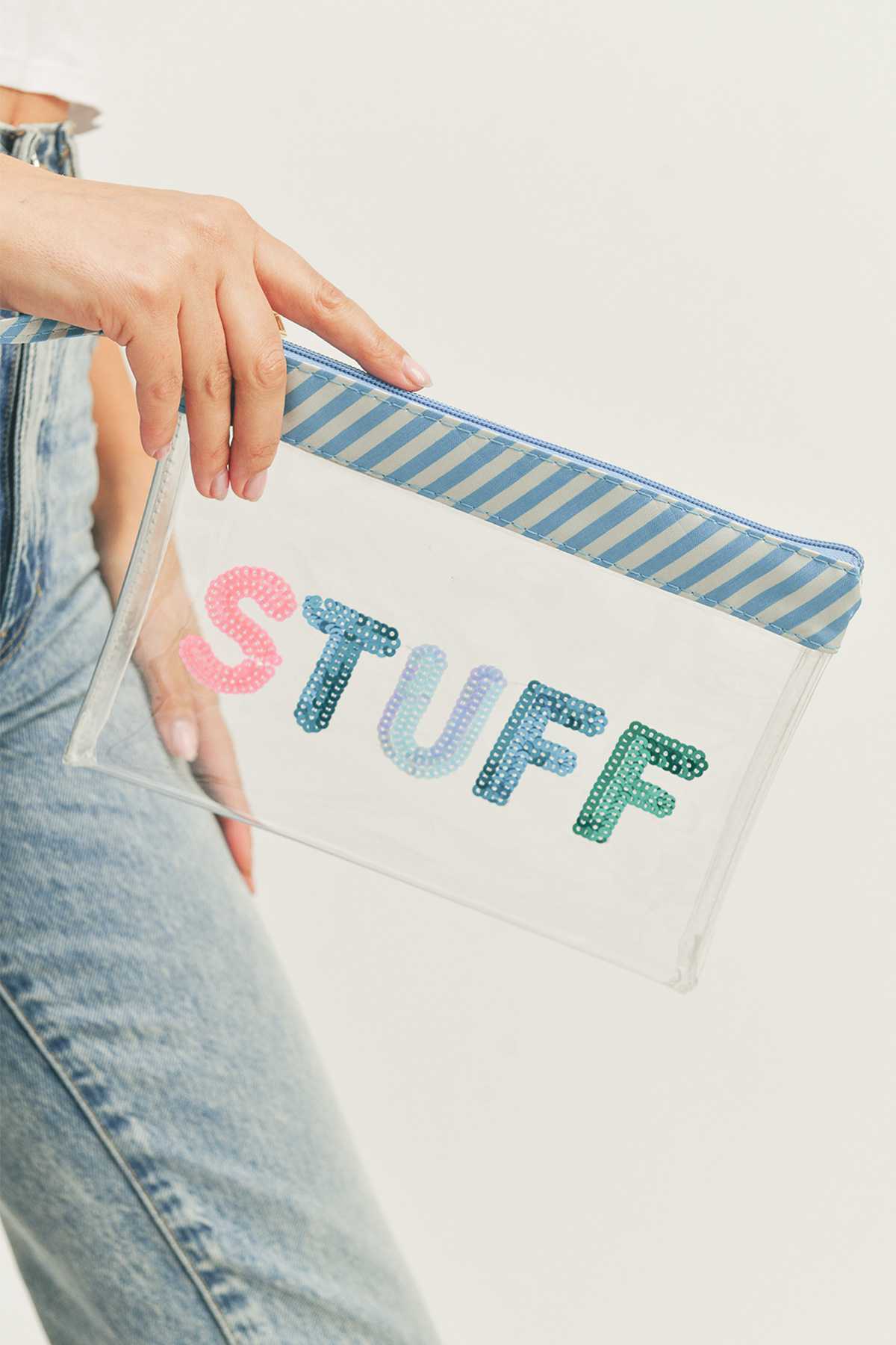 Sequin Letter STUFF Clear Pouch with Wrist Strap