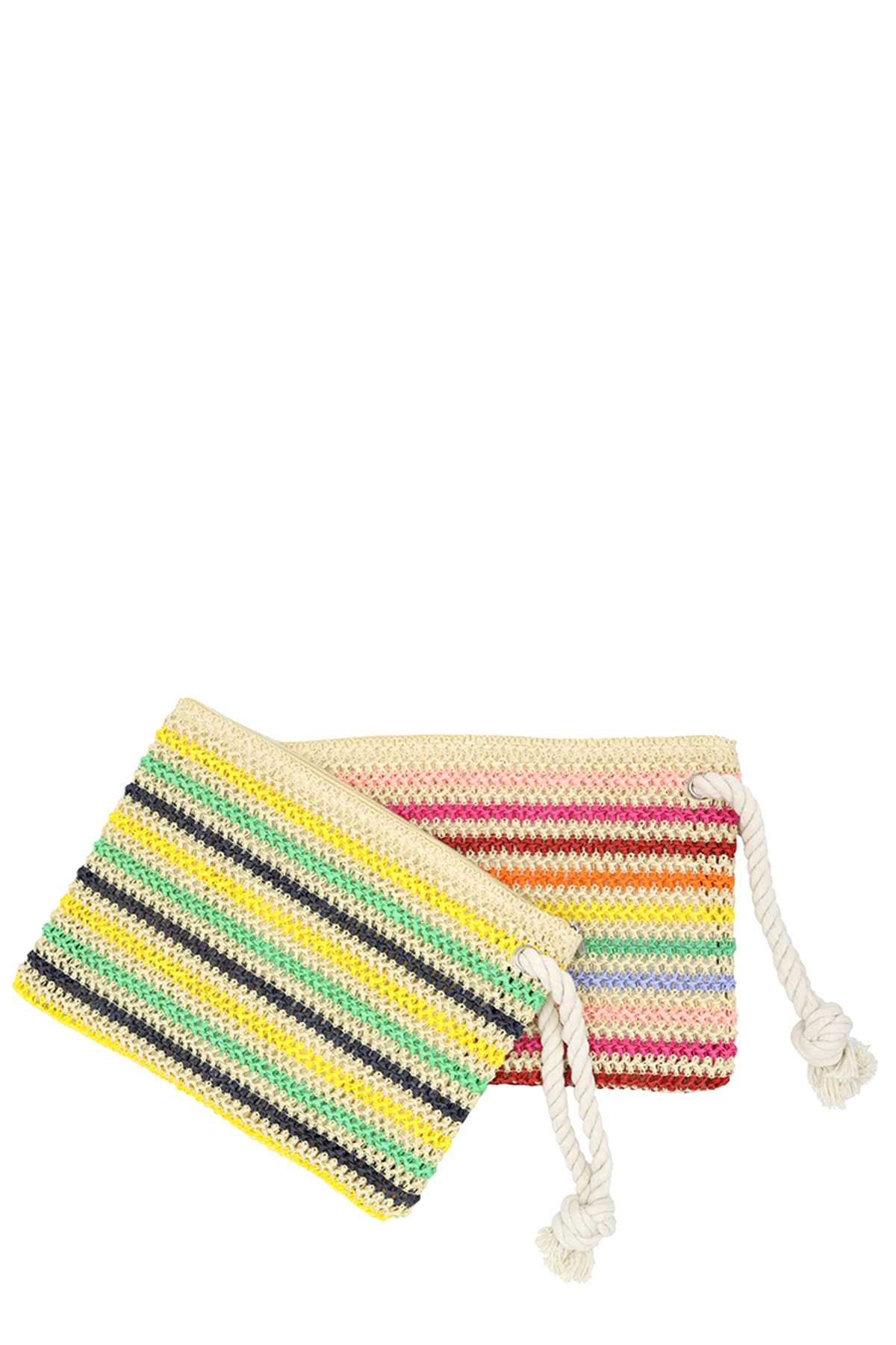 Multi Color Striped Straw Crochet Pouch