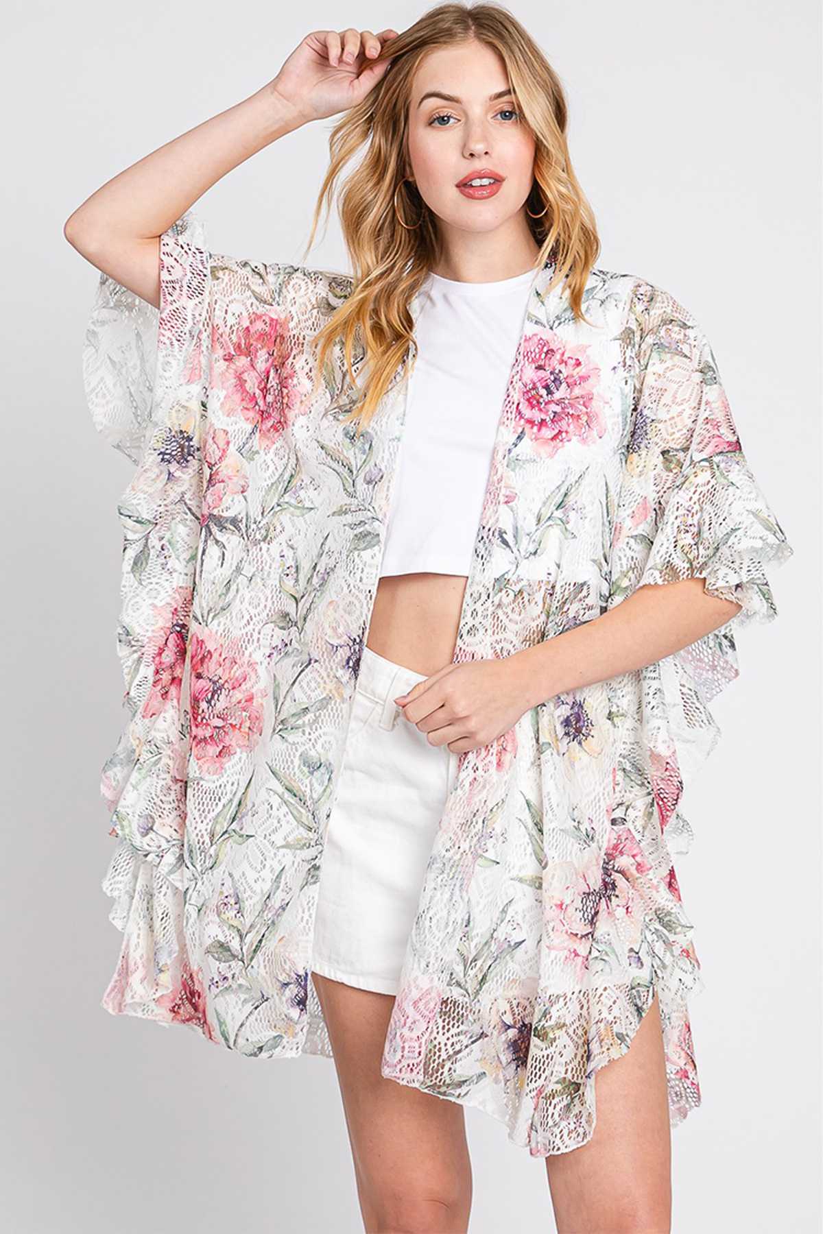 Ruffle Lined Rose Print Cover Up