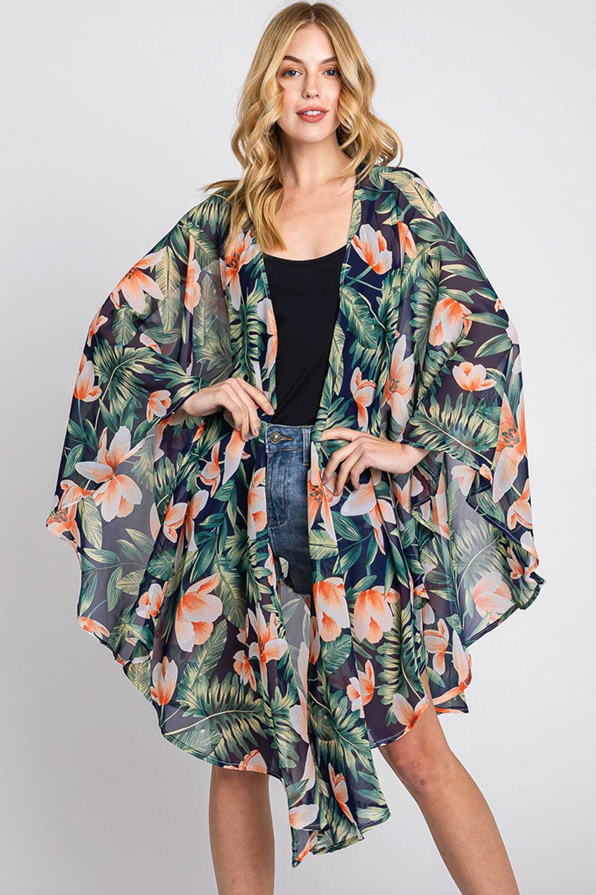 Tropical Flower Leaves Print Shawl Cover Up