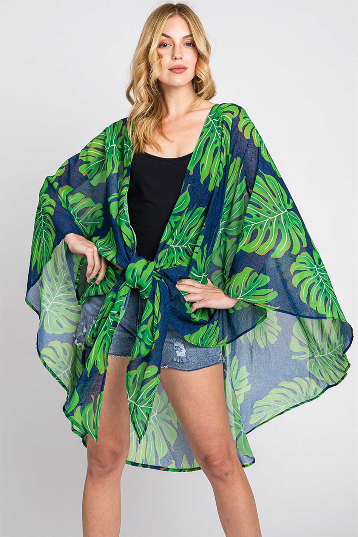 Tropical Leaves Print Shawl Cover Up