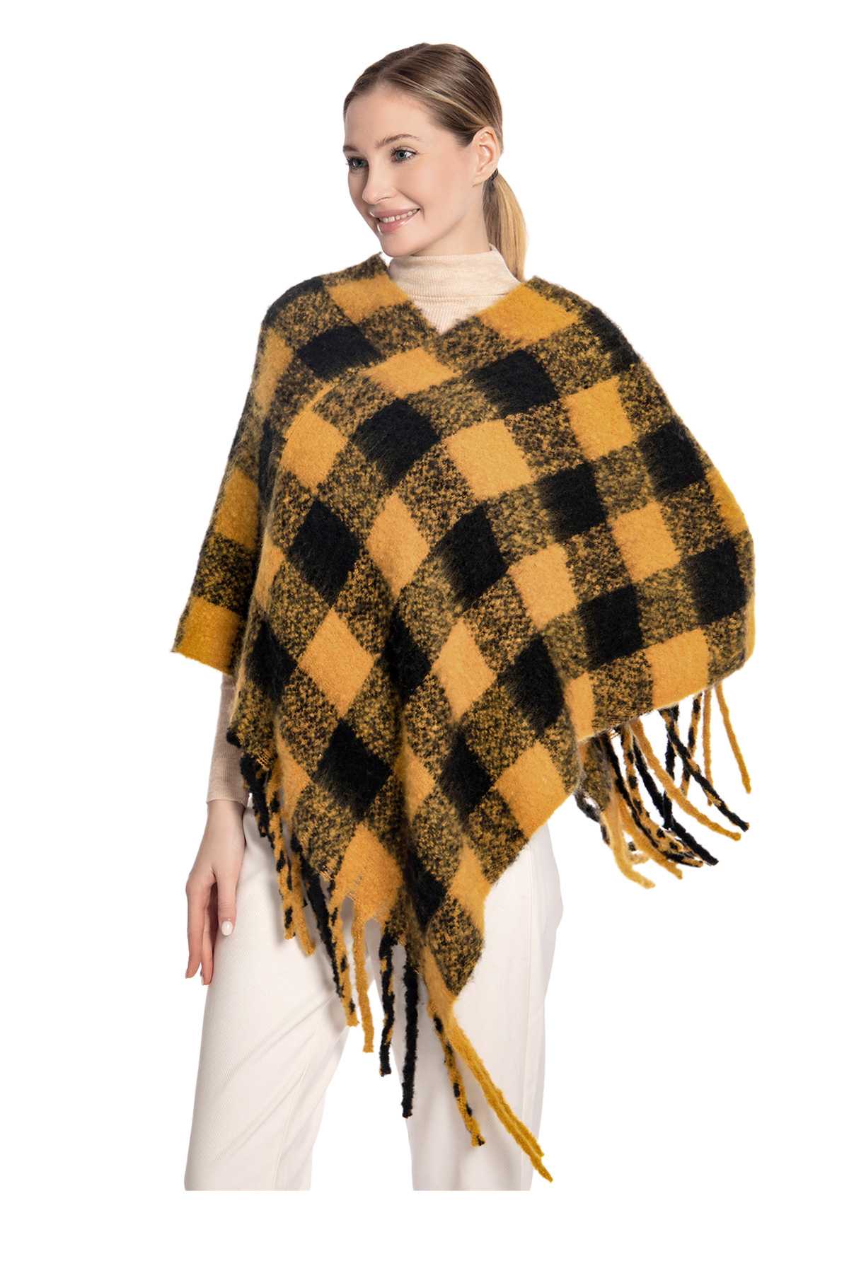 Plaid Poncho with Fringe