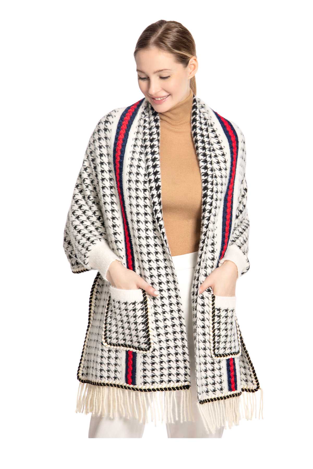 Houndstooth Sleeve Poncho with Pocket