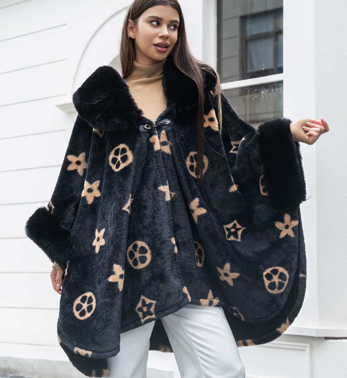 Geometric Fur Poncho with Clip Buckle