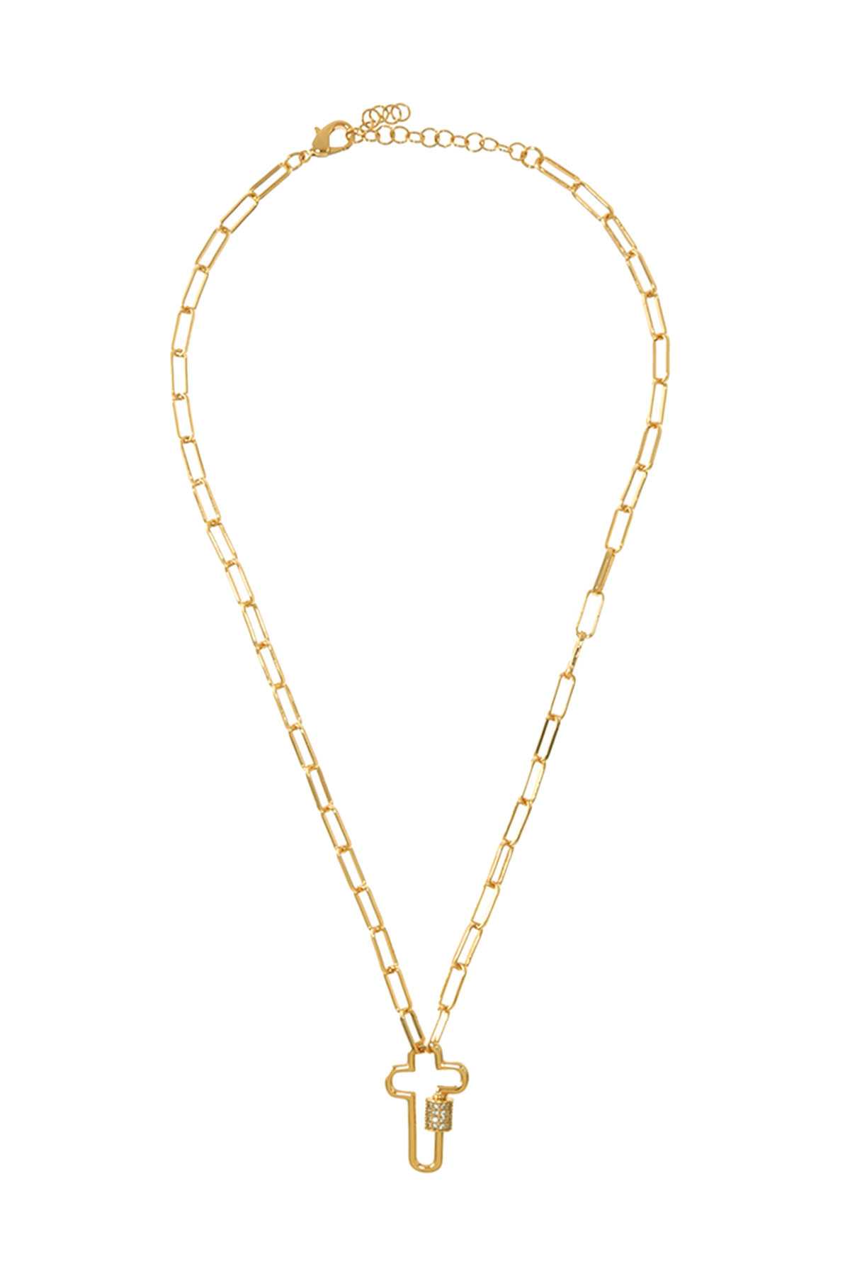 Gold Dipped Cross Rhinestone Accent Oval Chain Necklace