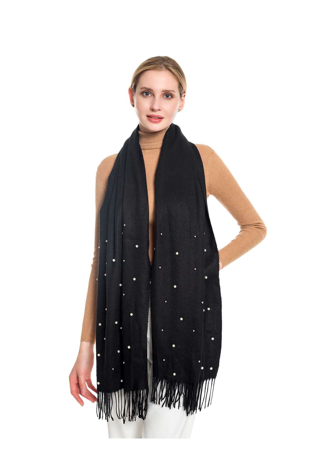 Soft Textured Pearl Decorated Solid Scarf