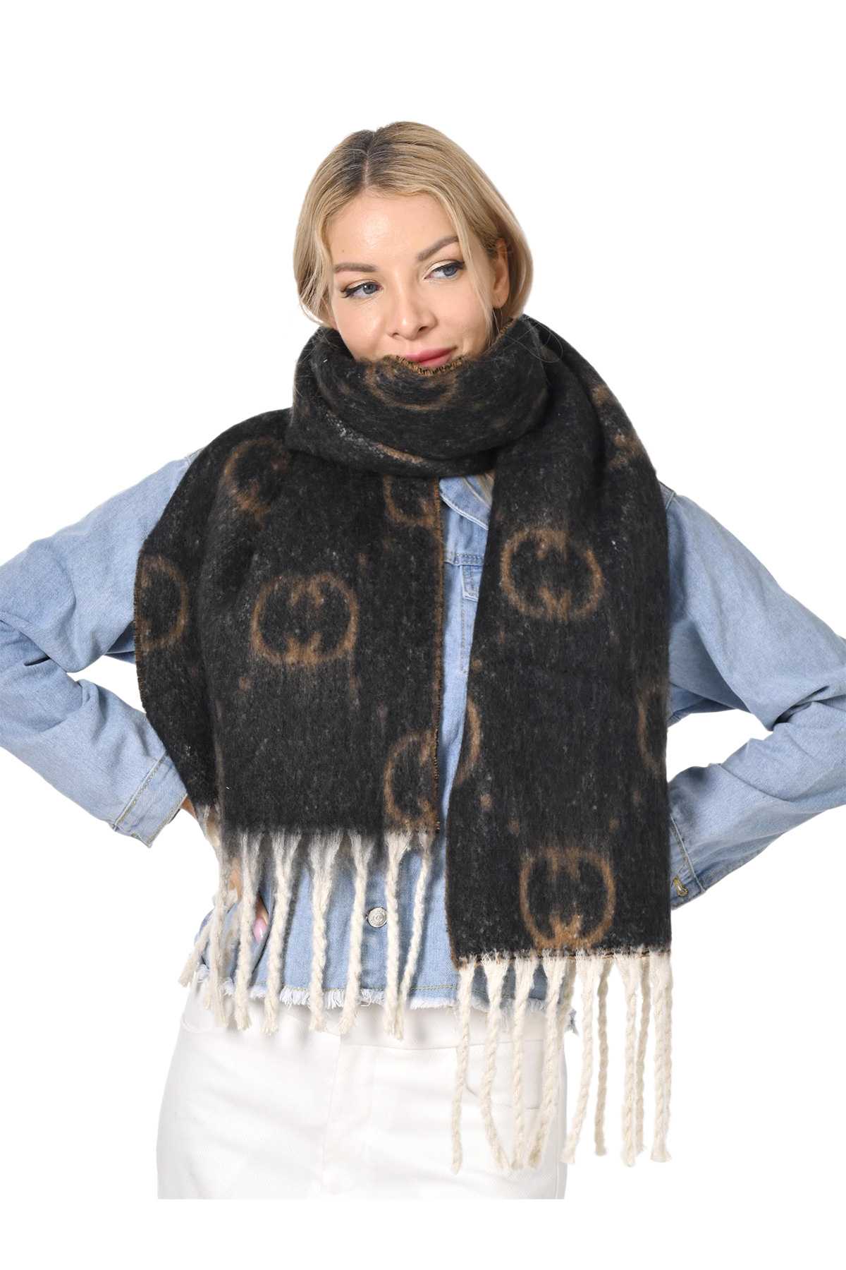 Double C Print Scarf With Fringe